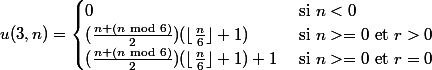 u(3,n) = \begin{cases} 0 & \text{ si } n < 0 \\ (\frac{n+(n \text{ mod } 6)}{2})(\lfloor {\frac{n}{6} \rfloor + 1) & \text{ si } n >= 0 \text{ et } r > 0\\ (\frac{n+(n \text{ mod } 6)}{2})(\lfloor {\frac{n}{6} \rfloor + 1) + 1 & \text{ si } n >= 0 \text{ et } r = 0\\ \end{cases}